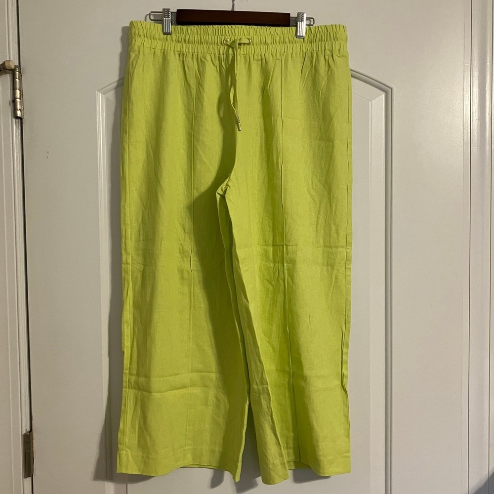Anne Klein Linen Blend Crop Wide Leg Drawstring Pants Women's Sz L Green NWOT